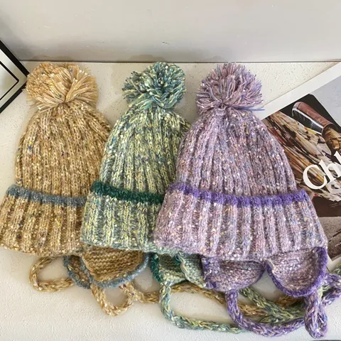 Women Winter Warm Chunky Knit Earflap Beanie Hat Mixed Color Marled Pom Pom Beanie With Braided Straps For Outdoor Travel