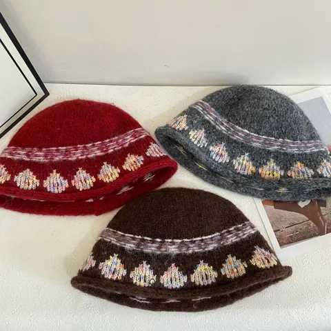 Women's Vintage Jacquard Knitted Bucket Hat Winter Warm Bohemian Pattern Mohair Blend Wool Fisherman Hat For Cold Weather Fashion Accessory
