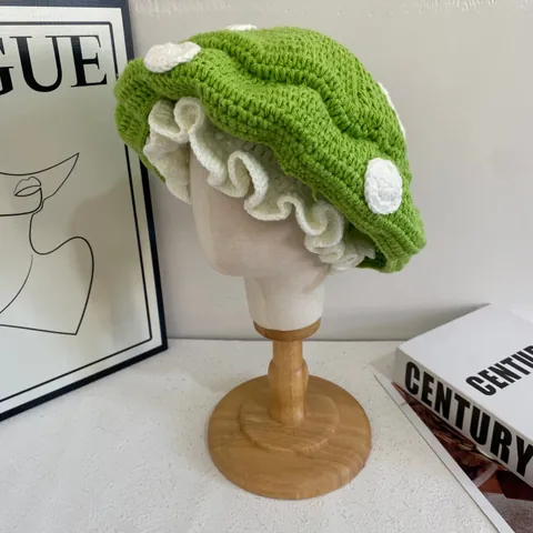 Handmade Crochet Mushroom Beret Hat Polka Dot Ruffle Edge Warm Knit Beanie For Women Girls Autumn Winter Novelty Fashion Hat