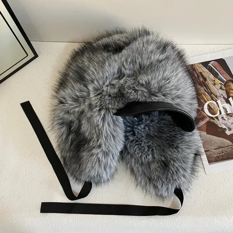Faux Fur Trapper Hat Women Men Winter Warm Bomber Hat With Leather Brim Ear Flaps Ribbon Bow Windproof Plush Outdoor Cap