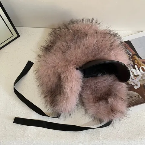 Faux Fur Trapper Hat Women Men Winter Warm Bomber Hat With Leather Brim Ear Flaps Ribbon Bow Windproof Plush Outdoor Cap