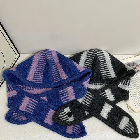 Damen Gestreifte Strick Balaclava Kapuzenschal Integrierte Mütze Winter Warm Ohrenschutz Schal Hut Mit Knopfverschluss