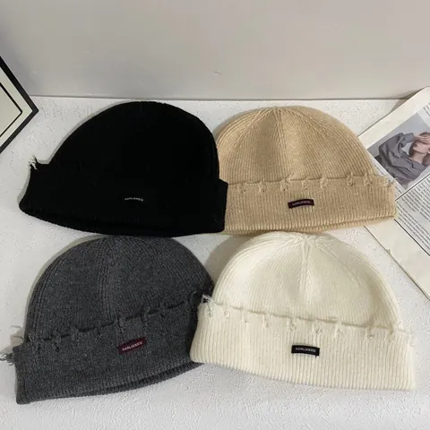 Gorro de Punto Desgastado Estilo Coreano Roto Borde Deshilachado Etiqueta HANLIANXIU Cálido Otoño Invierno Streetwear Hombre Mujer
