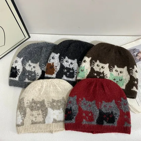 Vintage Cat Jacquard Knitted Beanie Hat For Women Men Autumn Winter Warm Ear Protection Wool Blend Beanie Cap Daily Wear