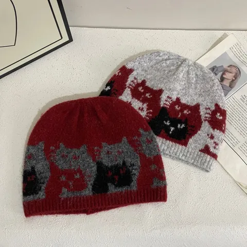 Vintage Cat Jacquard Knitted Beanie Hat For Women Men Autumn Winter Warm Ear Protection Wool Blend Beanie Cap Daily Wear