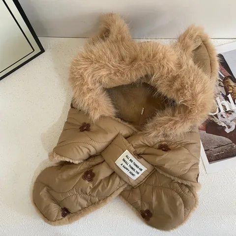 Women's Warm Thickened Quilted Hooded Scarf Set Faux Fur Trim Integrated Bear Ears Winter Windproof Ear Protection Lei Feng Hat