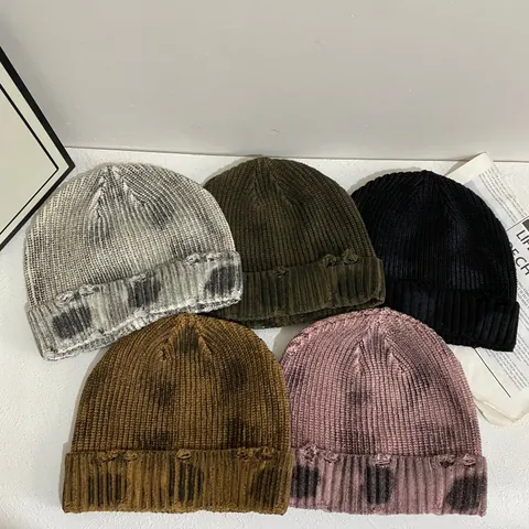 Women Distressed Ribbed Knit Beanie Hat Vintage Streetwear Y2K Hole Detail Beanie Winter Warm Tie Dye Solid Wool Cap