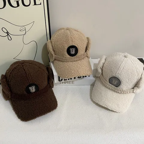 Winter Faux Lamb Wool Baseball Cap With Ear Flaps For Women Thickened Warm Earmuff Hat Letter U Embroidery Peaked Cap