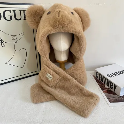 Women Cute Bear Plush Integrated Hat Scarf Winter Warm Faux Fur Hooded Scarf With Ears Trapper Hat Outdoor Cold Protection Accessories