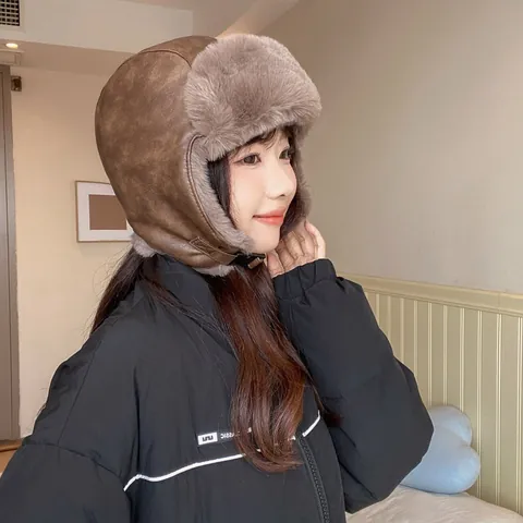 Vintage Faux Leather Trapper Hat For Women Men Winter Warm Faux Fur Aviator Hat Windproof Outdoor Skiing Cap With Ear Flaps