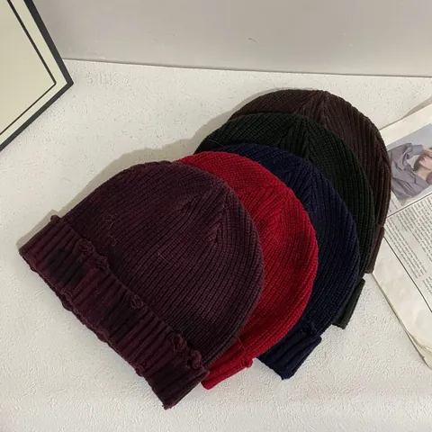 Women Distressed Ribbed Knit Beanie Hat Vintage Streetwear Y2K Hole Detail Beanie Winter Warm Tie Dye Solid Wool Cap