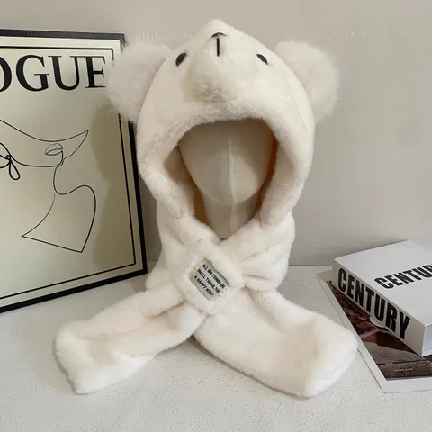 Women Cute Bear Plush Integrated Hat Scarf Winter Warm Faux Fur Hooded Scarf With Ears Trapper Hat Outdoor Cold Protection Accessories