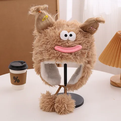 Chapeau en Peluche Monstre Drôle Hiver Épaissi Chaud Chapeau à Oreillettes Femmes Dessin Animé Grands Yeux Mignon Moche Bonnet Lei Feng Avec Pinces à Cheveux