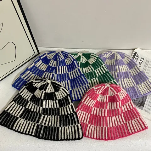 Women Knitted Bucket Hat Warm Wool Blend Striped Checkerboard Crochet Cloche Cap For Autumn Winter Casual Fashion Headwear