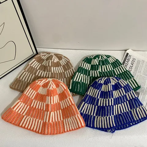 Women Knitted Bucket Hat Warm Wool Blend Striped Checkerboard Crochet Cloche Cap For Autumn Winter Casual Fashion Headwear