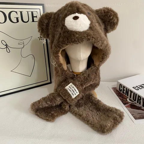 Donna Simpatico Berretto e Sciarpa con Orecchie da Orso in Pelliccia Sintetica Peluche Set Invernale Caldo Addensato Sciarpa con Cappuccio