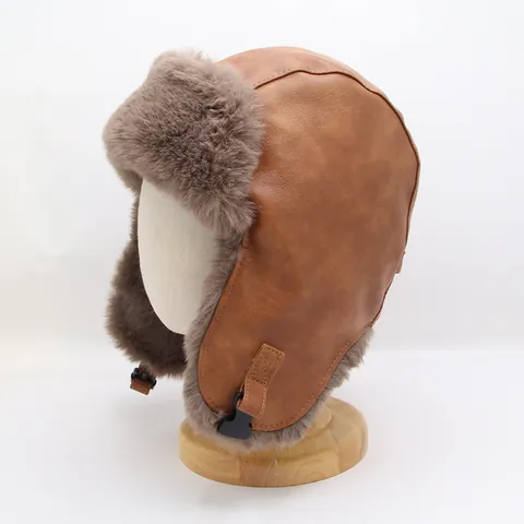 Vintage Faux Leather Trapper Hat For Women Men Winter Warm Faux Fur Aviator Hat Windproof Outdoor Skiing Cap With Ear Flaps