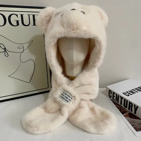 Cute Bear Ear Plush Hat Scarf Set For Women Winter Warm Windproof Faux Fur Integrated Hooded Scarf Casual Outdoor Headwear