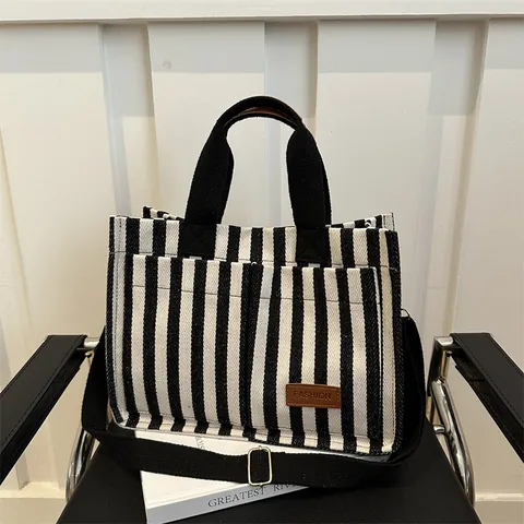 Sac Fourre-tout en Toile à Rayures pour Femmes Grande Capacité Sac à Bandoulière Mode avec Sangle Réglable Sac à Main Décontracté