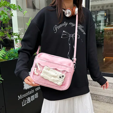 Women Japanese Style Sweet Ita Bag PU Leather Crossbody Bag Transparent Window Scalloped Edge Large Capacity DIY Display Bag