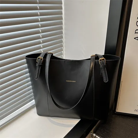 Sac Cabas Femme Grande Capacité en Cuir PU Vintage Minimaliste Color Block Sac à Épaule Avec Boucles Métalliques Sac à Main
