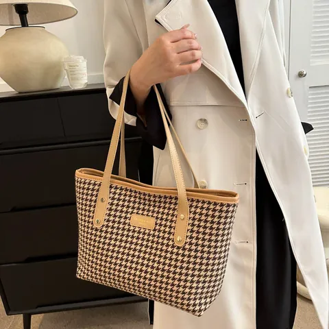Dames Mode Houndstooth Tote Bag Grote Capaciteit PU Leer Contrast Forens Schoudertas Herfst Vintage Ruitjes Handtas
