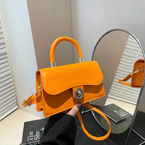 Trendy Women PU Leather Small Square Bag With Circular Gold Metal Lock Solid Color Top Handle Crossbody Shoulder Bag Fashion