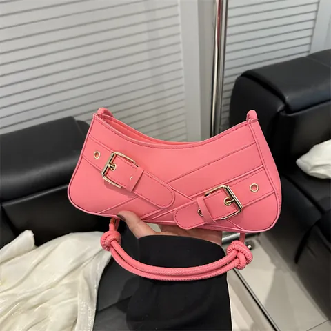 Sac Baguette Femme en Cuir PU Poignée Nouée Doubles Boucles Sangles Décoratives Sac d'Aisselle Style Urbain Bandoulière