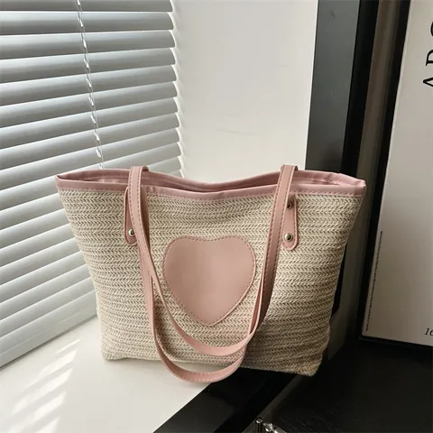 Dames Gevlochten Stro Tote Tas Grote Capaciteit Mode Schoudertas Met Hart Leren Patch Contrast Kleur Casual Stro Tas