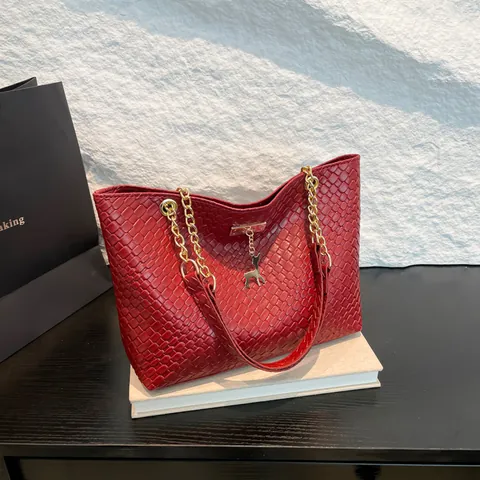 Damen Gewebte Textur Große Kapazität Tote Bag PU Leder Schulter Handtasche Mit Goldener Kette Riemen Und Hirsch Anhänger Täglich