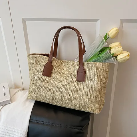 Women's Korean Style Handwoven Straw Handbag PU Leather Handle Casual Basket Bag Small Tote Beach Vacation Purse