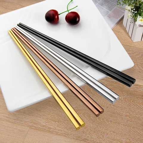 Baguettes Réutilisables en Acier Inoxydable 304 Creuses Résistantes à la Chaleur Baguettes en Métal Coréen Design Carré Moderne Poli Miroir pour Maison Hôtel