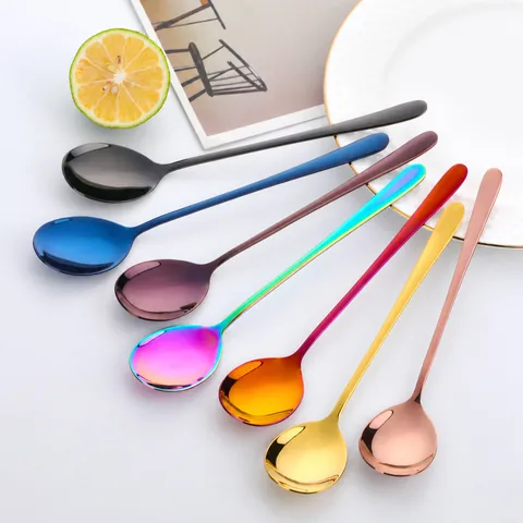 Cuchara de Mango Largo de Acero Inoxidable 410 Estilo Coreano Pulido Espejo Chapado en Titanio para Postre Sopa