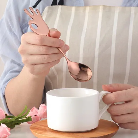 Creative 304 Stainless Steel Coffee Spoon Mirror Polished Footprint OK Gesture Shape Dessert Stirring Spoon For Cafe Home
