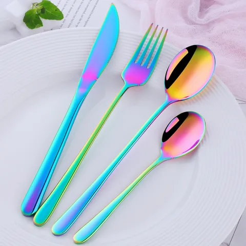 Coltello Forchetta Cucchiaio Grande E Cucchiaino in Acciaio Inossidabile 304 Lucidato a Specchio Oro Argento Nero Irescente Posate
