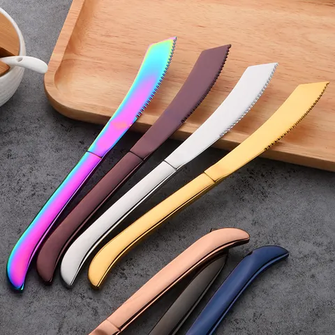 Roestvrijstalen Steakmes Gekarteld Spiegel Gepolijst Tafelmes Servies Ergonomisch Handvat Regenboog Goud Zwart Zilver