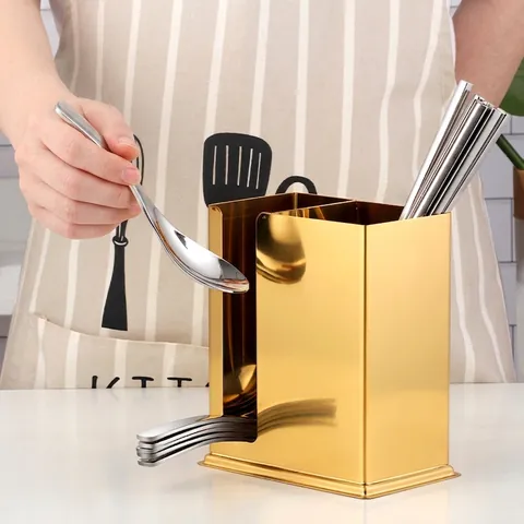Moderner Edelstahl Stäbchenhalter Doppelfach Drainage Besteck Aufbewahrung Küchenlöffel Gabel Organizer Regal