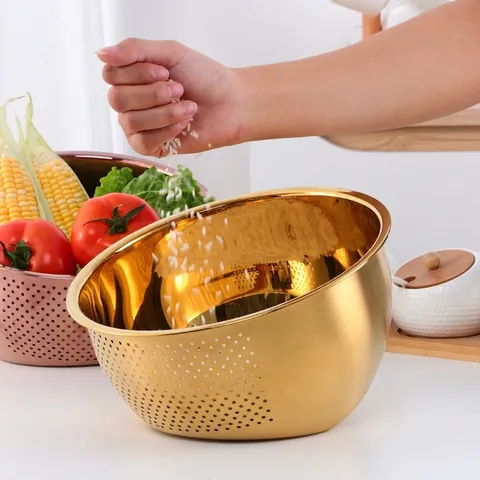 Tamiz de Arroz de Acero Inoxidable 304 Cesta de Escurrido de Cocina Para Lavar Frutas Verduras Colador de Arroz Cuenco Minimalista Hogar Multifuncional