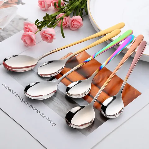 Cuchara de Mango Largo de Acero Inoxidable 304 Estilo Coreano Pulido Espejo Cubiertos Coloridos para Café Postre Oro Oro Rosa Arcoíris Degradado