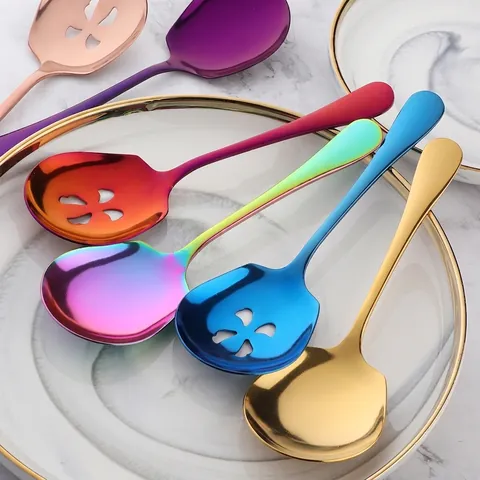 304 Stainless Steel Serving Spoon And Colander Set Mirror Polished Cut-out Flower Pattern Buffet Catering Kitchen Utensil Gold Rose Gold