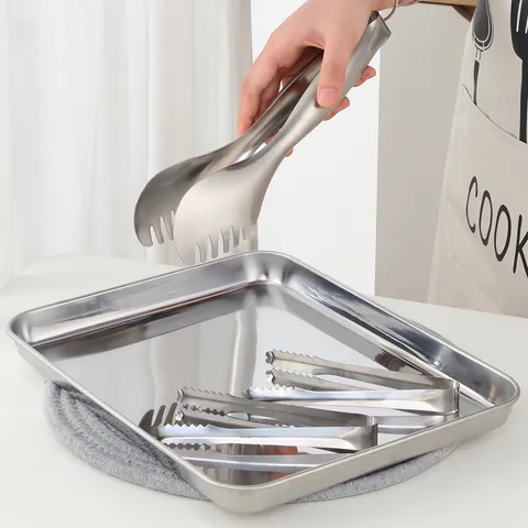 Plateau de Service Buffet en Acier Inoxydable et Pinces à Nourriture Poli Miroir pour Cuisine Fête Or Rose