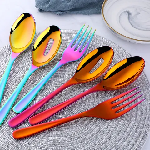 Titanium Plated Stainless Steel Serving Spoon Fork Slotted Spoon Mirror Polished Large Cutlery Rainbow Gold For Party Buffet Banquet Home Kitchen