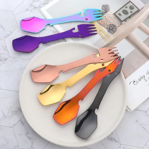 Multi-functional Stainless Steel Camping Spork With Spoon Fork Serrated Edge And Bottle Opener Portable Outdoor Tableware