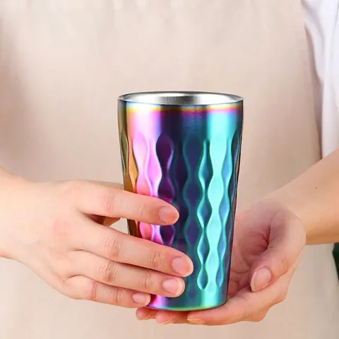 Double Layer 304 Stainless Steel Water Cup 330ml Insulated Coffee Mug Anti-Slip Hammered Texture Beer Tumbler For Home Office