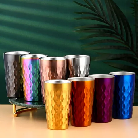 Double Layer 304 Stainless Steel Water Cup 330ml Insulated Coffee Mug Anti-Slip Hammered Texture Beer Tumbler For Home Office
