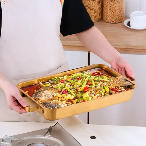Rechteckige Edelstahl Fischgrillpfanne Mit Doppelten Griffen Verdicktes Serviertablett Für Zuhause Gewerbe BBQ Induktionsherd
