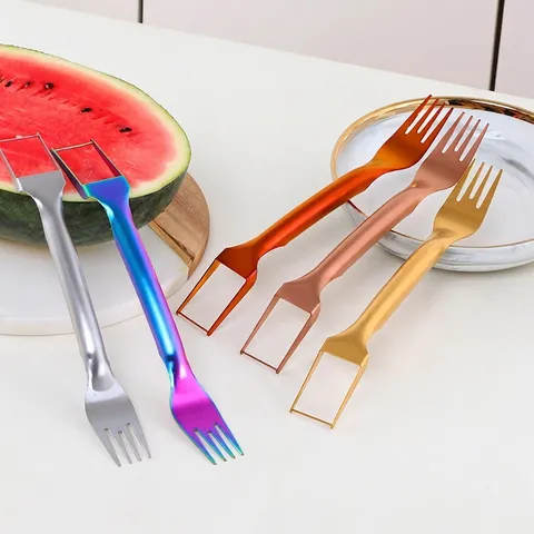 Stainless Steel Watermelon Slicer Fork Dual Purpose Multifunctional Fruit Cutter For Melon Cubing Serving Kitchen Tool