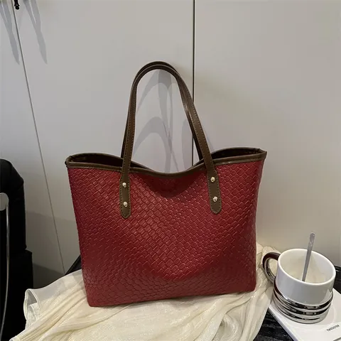Bolso Tote Tejido de Gran Capacidad para Mujer Bolso de Hombro de Cuero PU de Moda Color Sólido para el Trabajo Diario