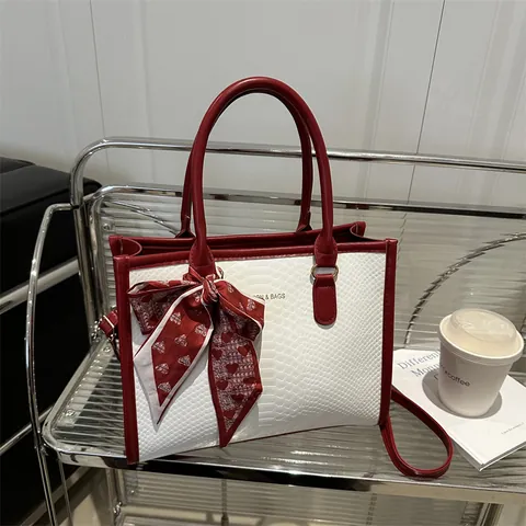 Women Snake Pattern Contrast Color Handbag With Silk Scarf Bow Shoulder Crossbody Tote Bag Faux Leather Square Bag
