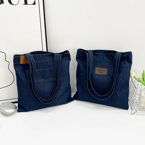Borsa Tote in Denim da Donna Grande Capacità Urbana Minimalista Borsa a Spalla Blu Profondo Casual Quotidiana Borsa da Shopping